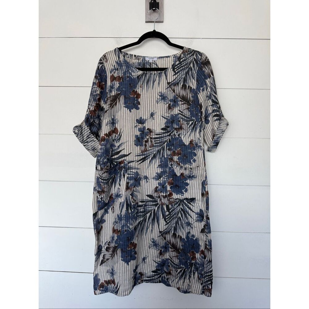 Rosemarie Women’s Medium Blue Striped Floral Dress Lagenlook Artsy